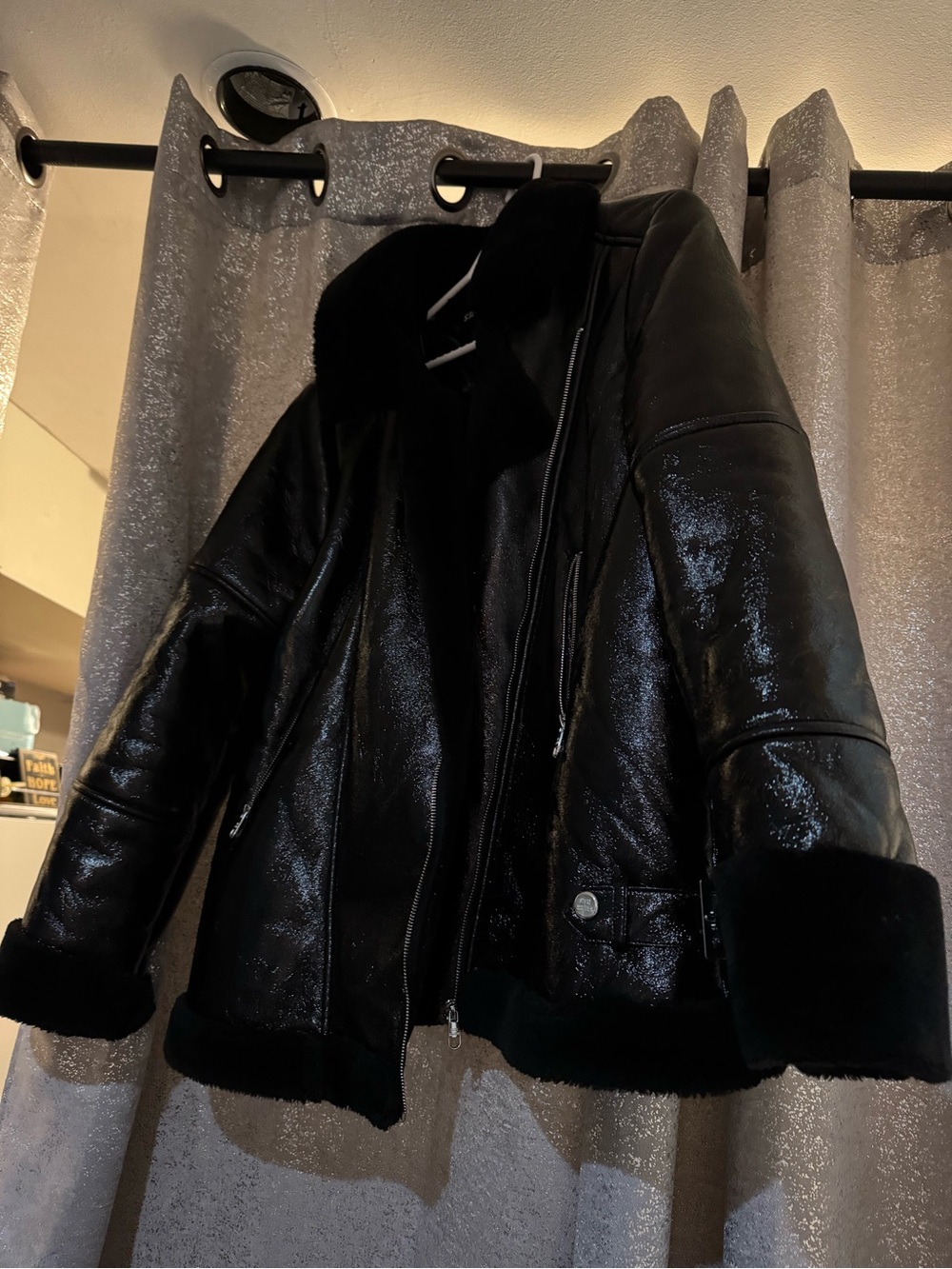 Steve Madden Glossy Black Shearling-Trim Leather Jacket
